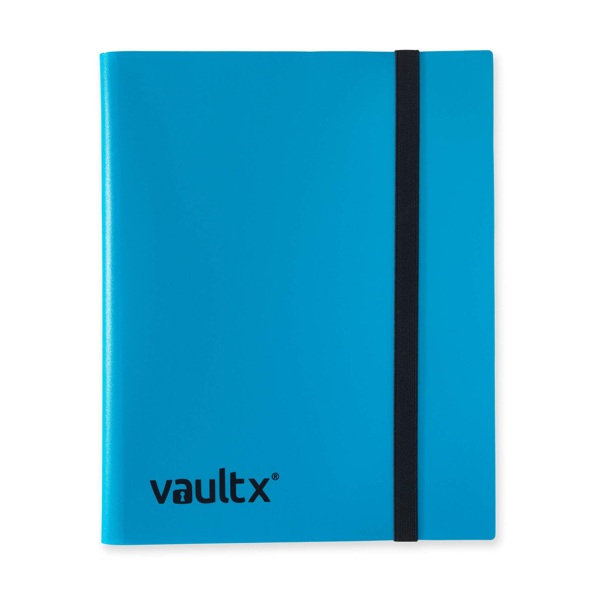 Vault X blue binder cover with elastic strap for portable card storage.