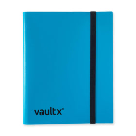 Vault X blue binder cover with elastic strap for portable card storage.