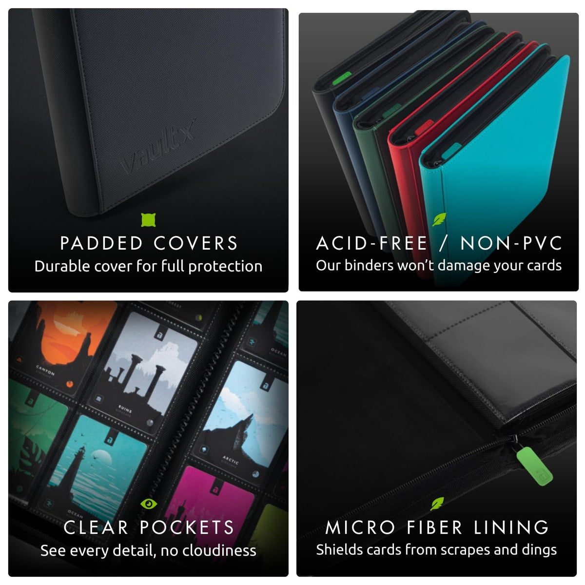 Vault X binder compatible with standard sleeves for easy setup.
