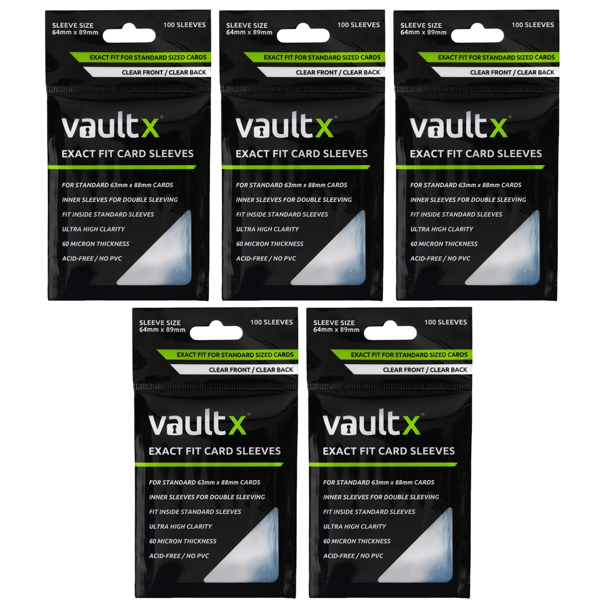 Vault X Exact Fit sleeves — snug protection for standard 63x88 mm cards.
