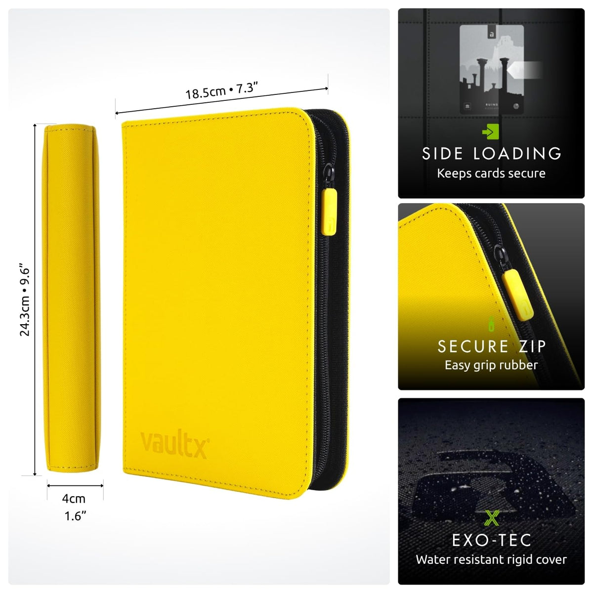Zipper closure on Vault X Exo-Tec binder keeps cards securely enclosed during transport.