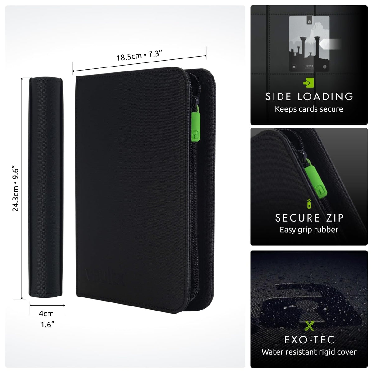 Vault X Exo-Tec binder with zip closure keeps cards secure.