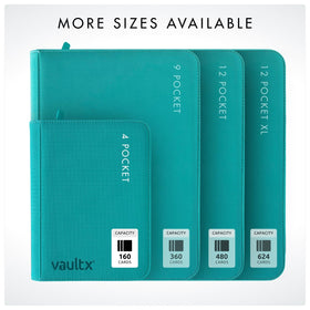 Vault X sleeve-compatible teal binder: works with standard sleeves for flexible protection.