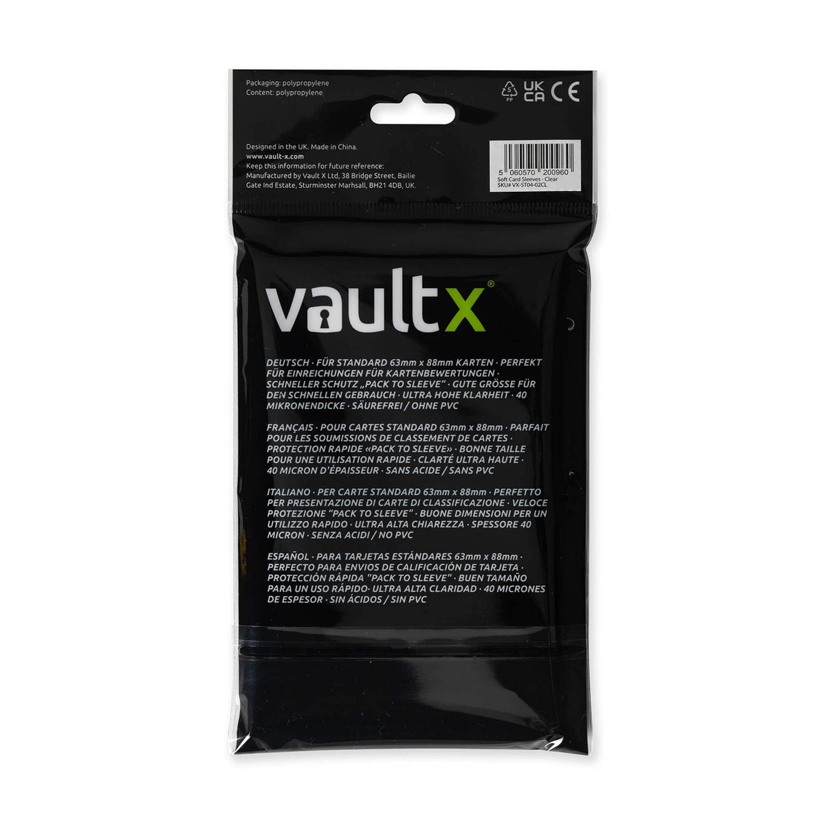 Vault X 66x92mm sleeve size fits cards up to 63x88mm for easy pack-to-sleeve use.
