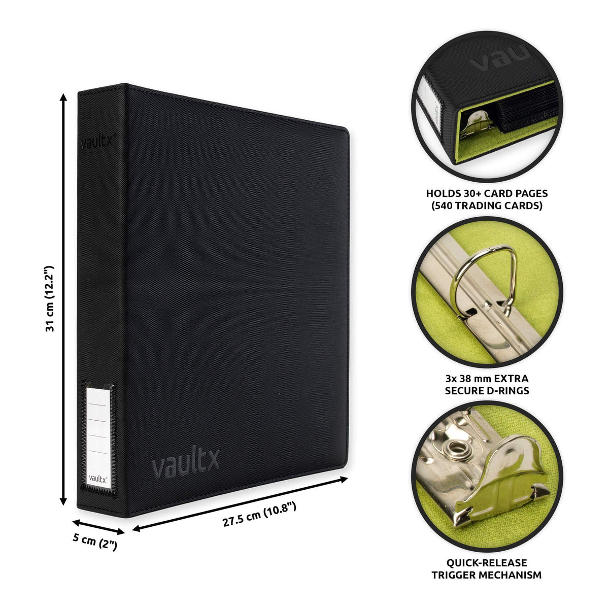 Closeup of Vault X binder's three D-rings securing card pages
