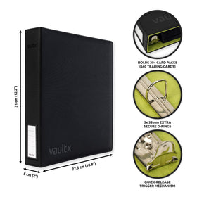 Closeup of Vault X binder's three D-rings securing card pages