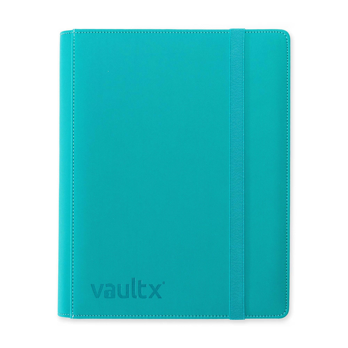 Vault X teal 9-pocket strap binder open showing organized card storage