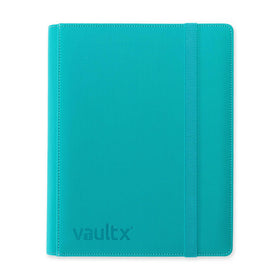 Vault X teal 9-pocket strap binder open showing organized card storage