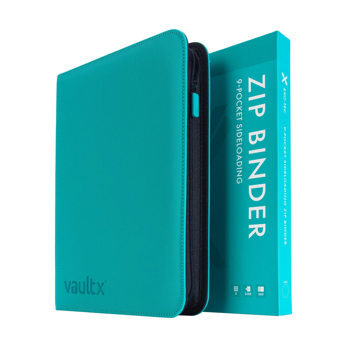 Vault X teal 9-pocket zip binder displaying organized cards for quick access.