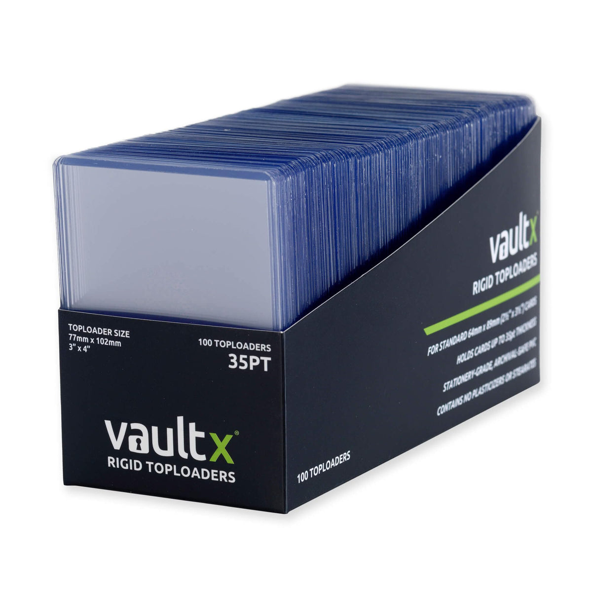 Vault X Toploaders front-view 100-pack shows crystal-clear protection for trading cards.