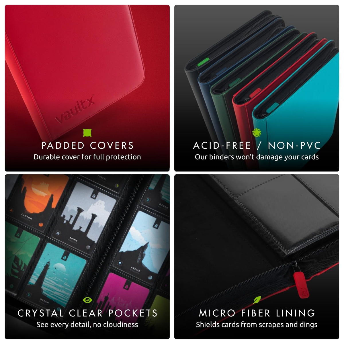 Vault X zipper closure keeps cards securely enclosed during transport.