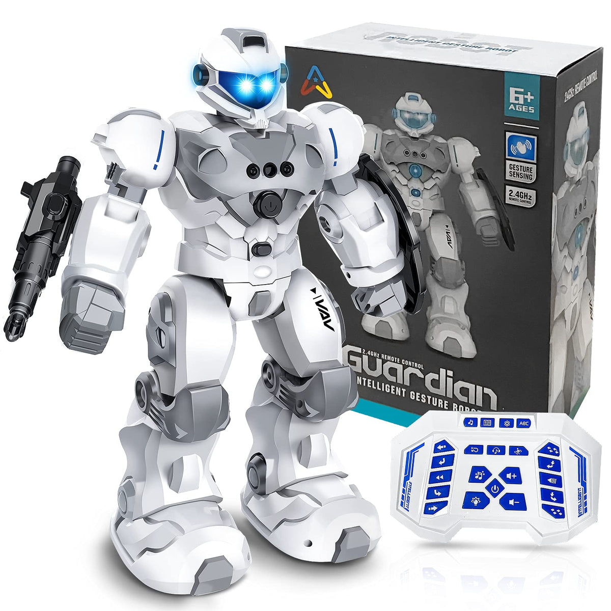 VAV RC robot with gesture-sensing LED eyes for interactive play.