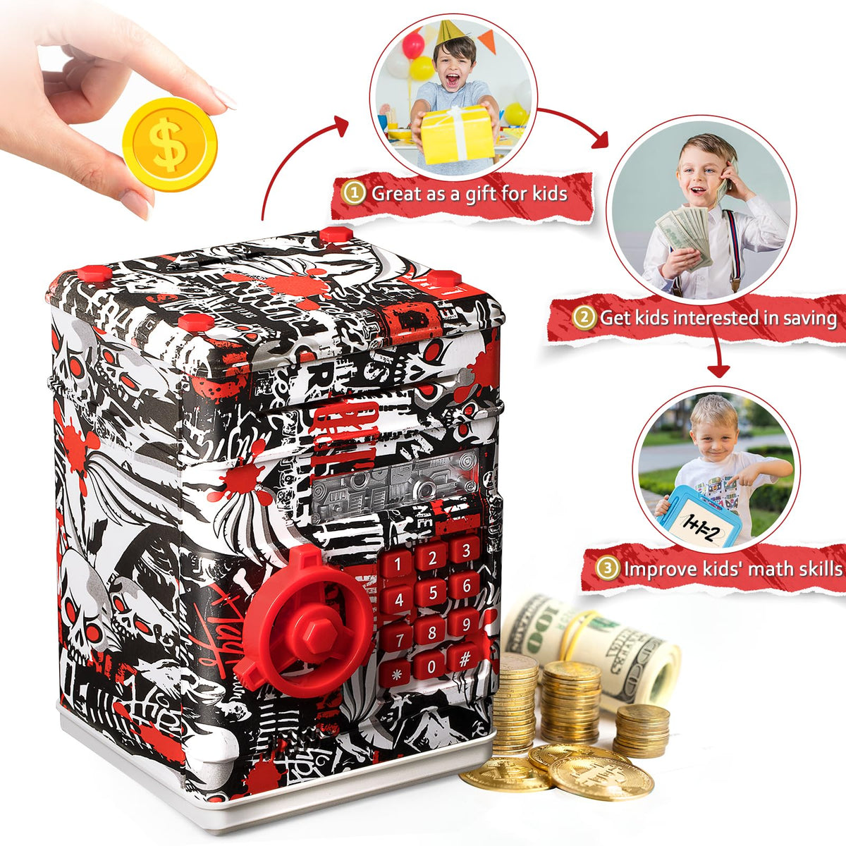 Vcertcpl ATM piggy bank ABS material offers sturdy kid friendly durability.