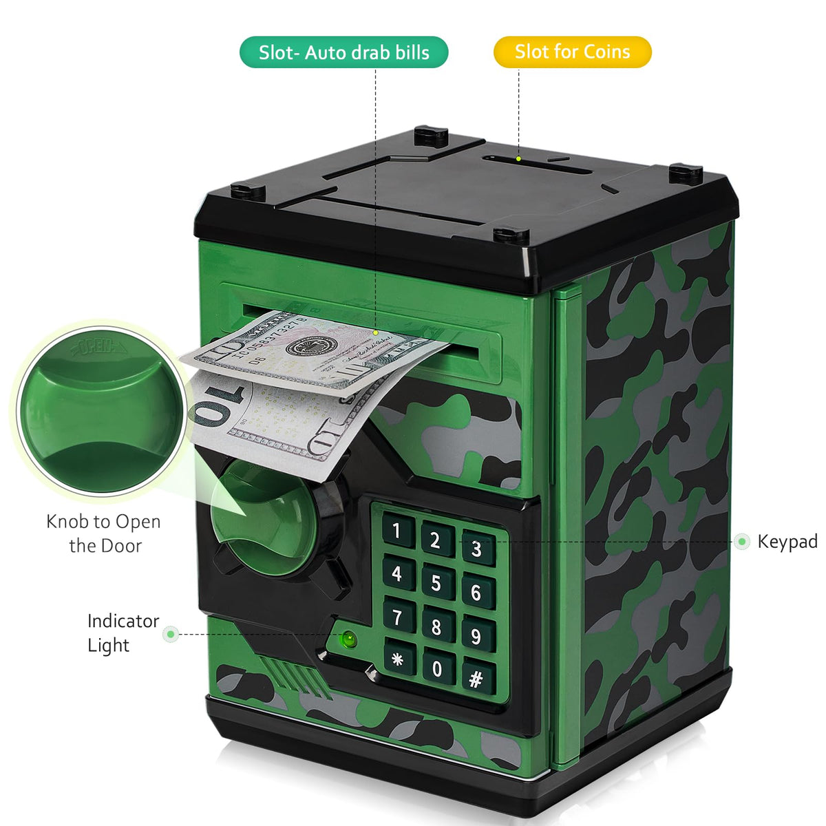 Vcertcpl ATM piggy bank camouflage greengray bill slot highlights easy deposits of bills and coins