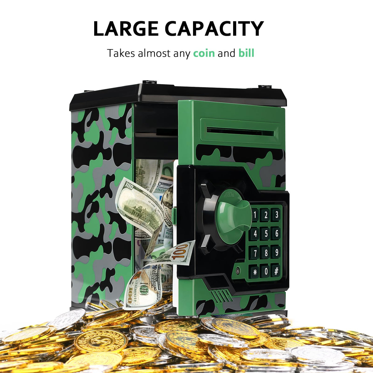 Vcertcpl ATM piggy bank camouflage greengray coin slot offers roomy interior for growing savings
