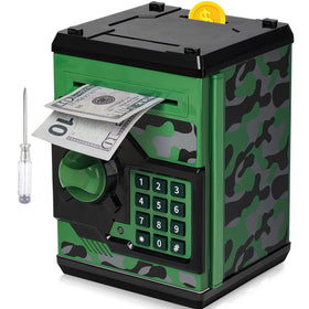 Vcertcpl ATM piggy bank camouflage greengray front view with secure 4-digit access for kids