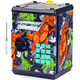 Vcertcpl ATM piggy bank, dinosaur blue front view, encourages kids to save with a playful motif.