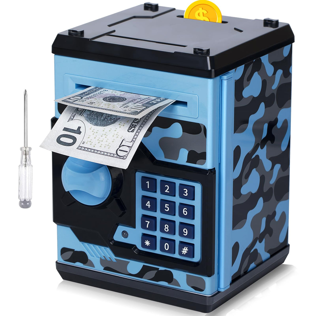 Vcertcpl ATM piggy bank front view with 4-digit lock for kids' savings.