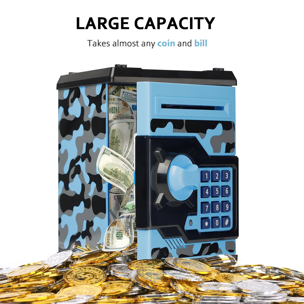 Vcertcpl camouflage blue-gray bill-slot view highlights auto grab function.