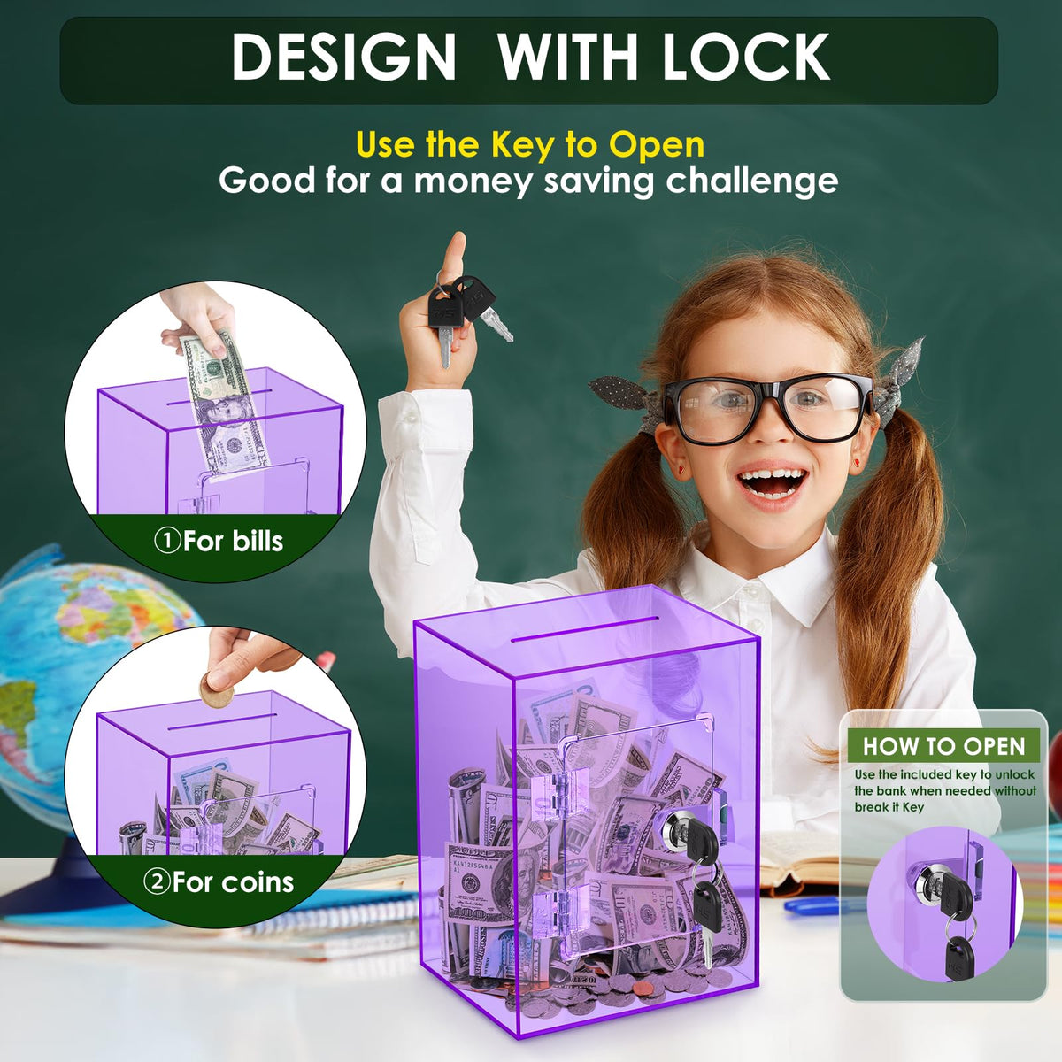 Vcertcpl Piggy Bank 3.6L capacity holds larger sums.