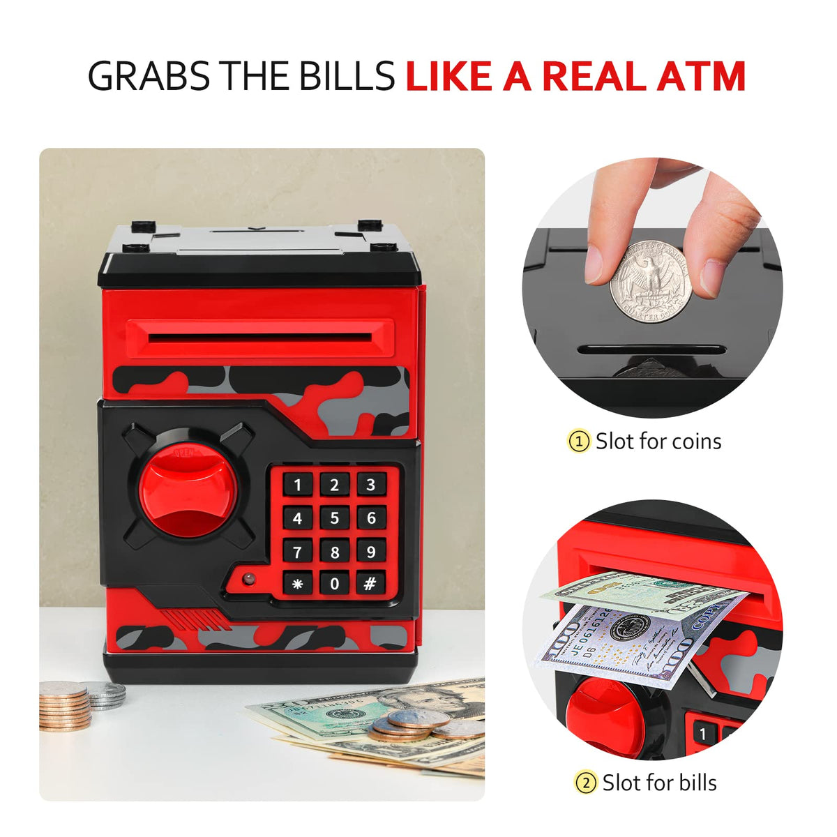 Vcertcpl piggy bank safe design communicates secure access and responsible saving