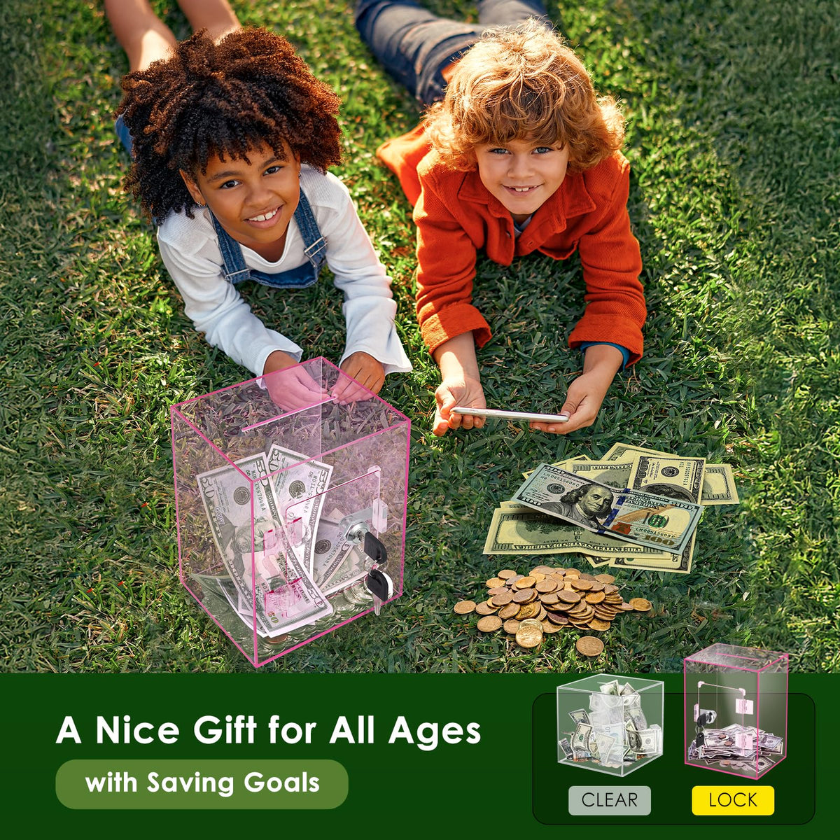Vcertcpl X-Large Piggy Bank lock closeup highlights secure saving with a sturdy mechanism.