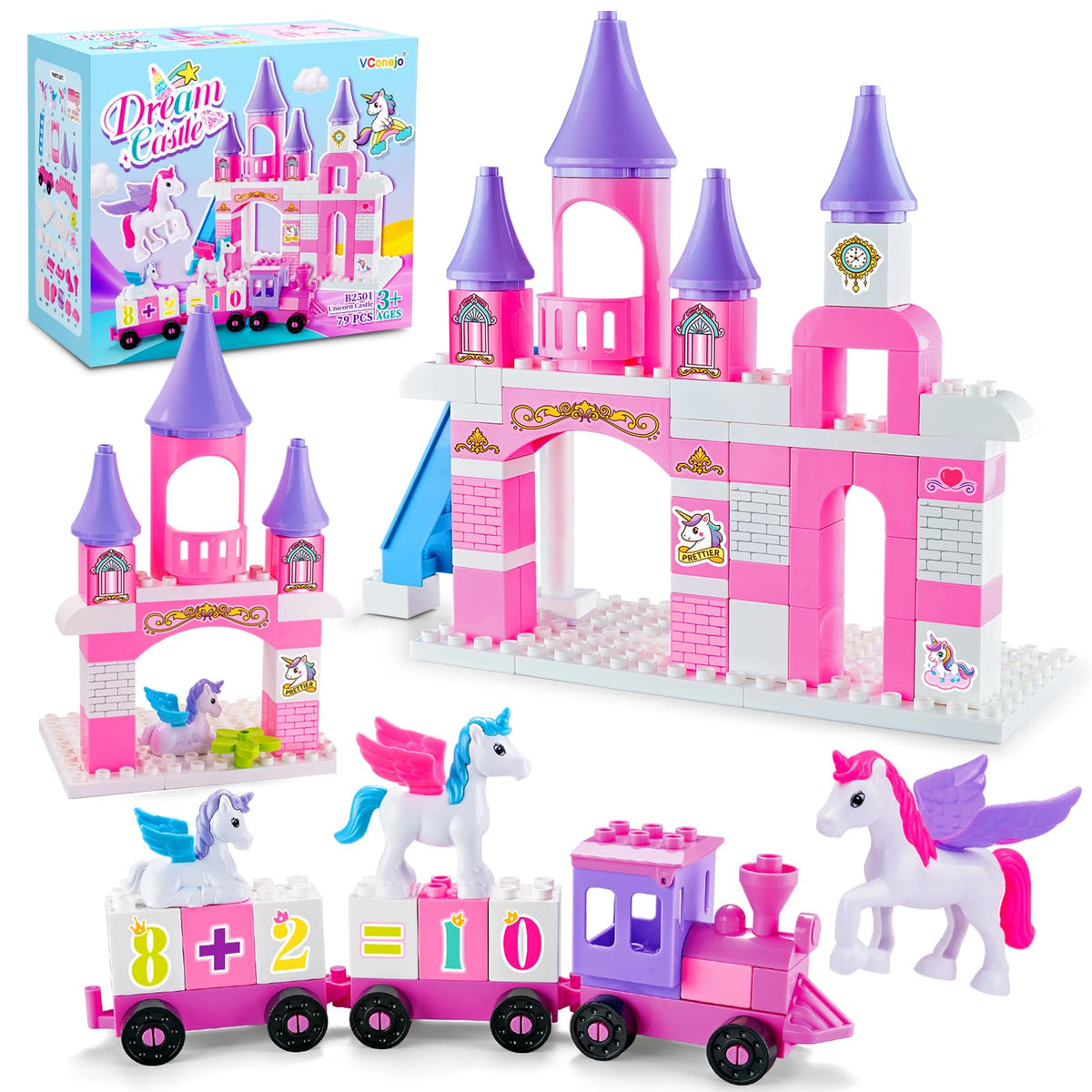 VConejo unicorn castle pieces spark imaginative play and fine motor skills.