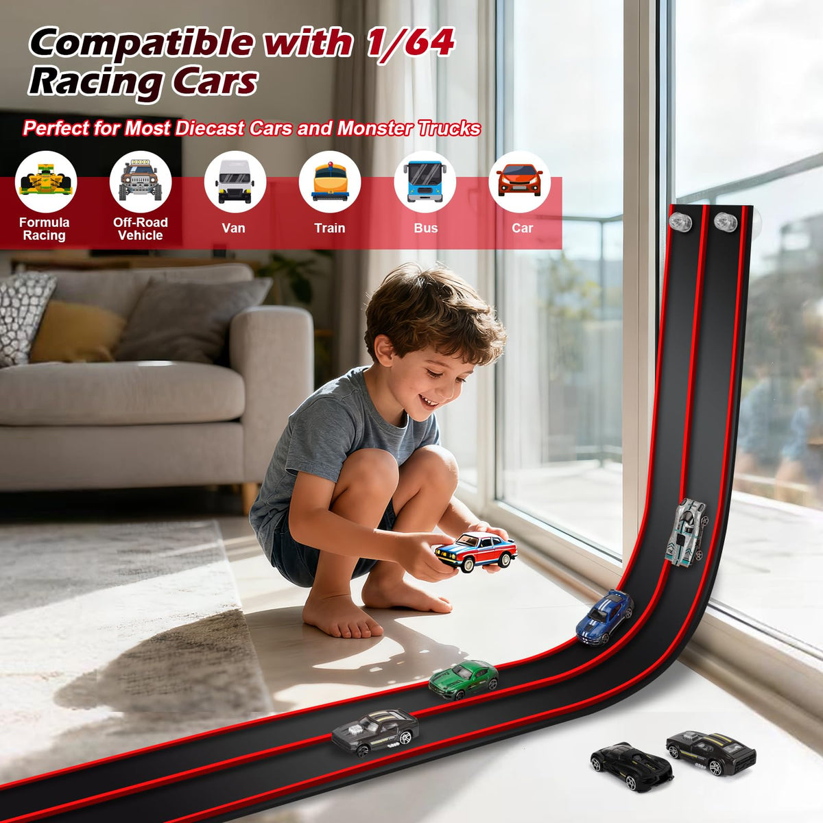 Vcsaq suction cups keep the track firmly attached to windows for vertical racing.