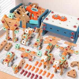 VEAIS kids tool set with drill showcases safe play and colorful blocks for STEM exploration.