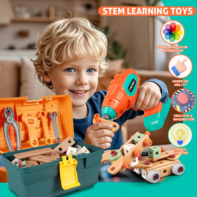 VEAIS Kids Tool Set storage box keeps parts organized for quick play.
