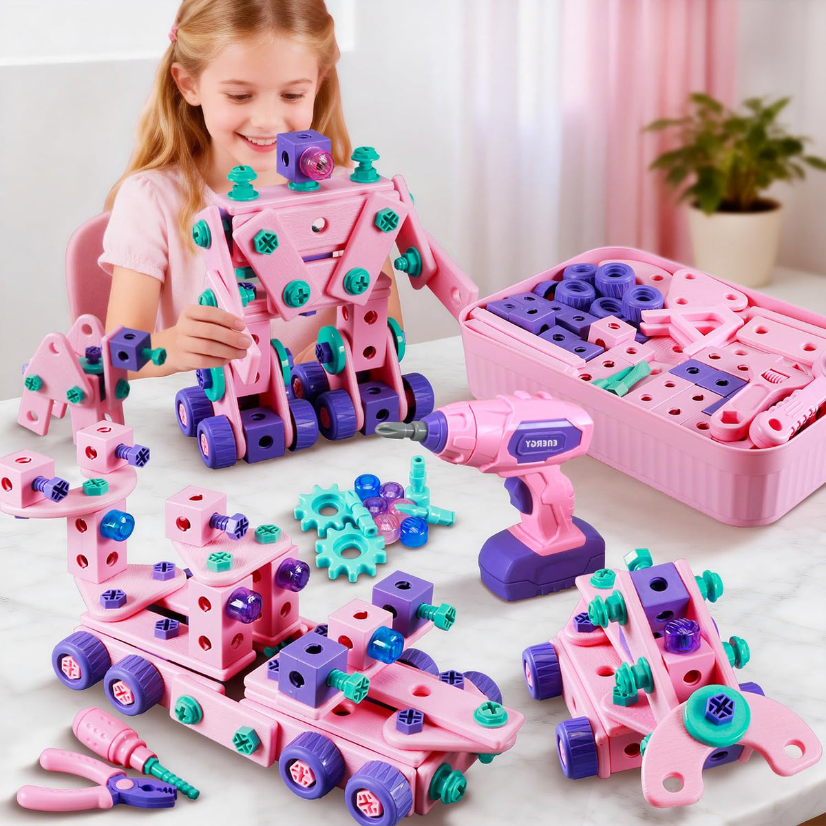 VEAIS Pink Kids Tool Set with drill promotes imaginative building play and fine motor skills