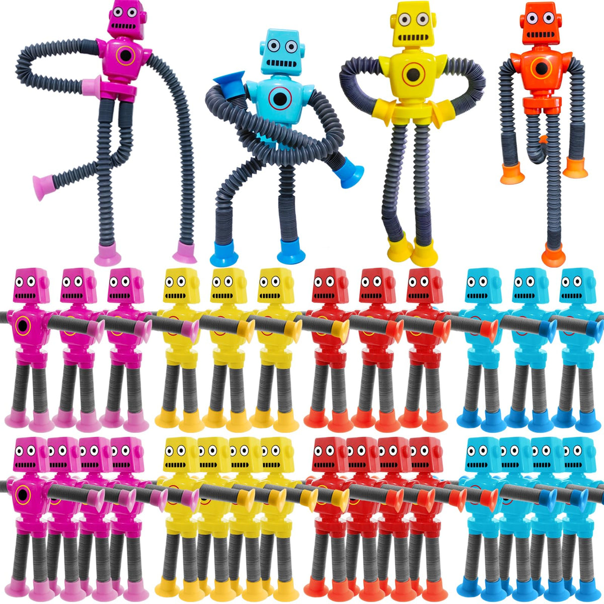 Veakeqe suction cup robot toy attached to a mirror, versatile sensory play on smooth surfaces.