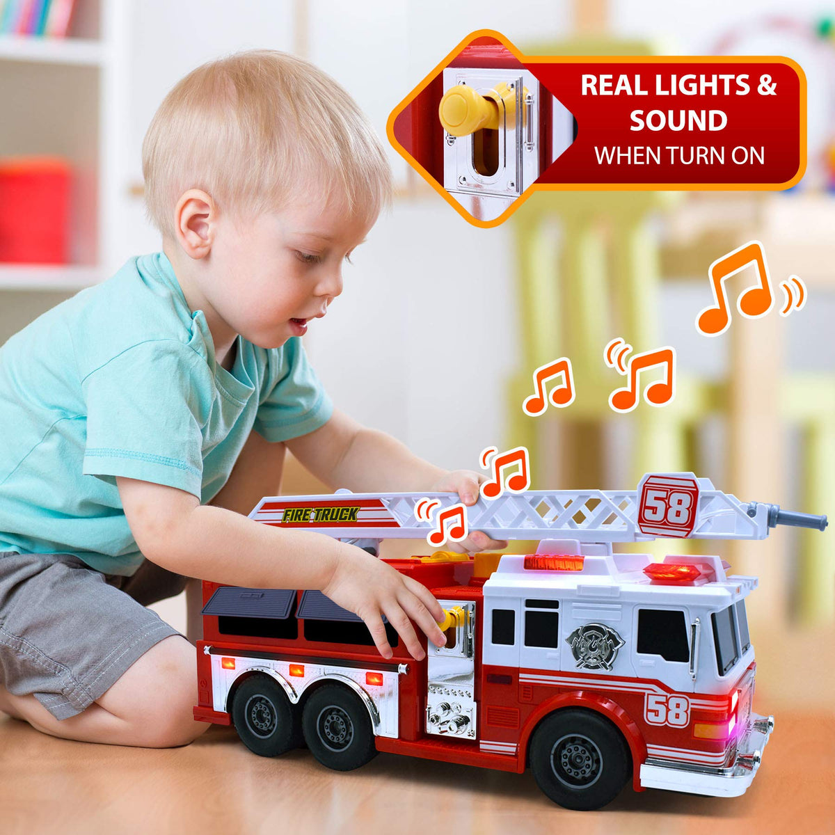 VEBO fire truck one-button start for easy, kid-friendly operation