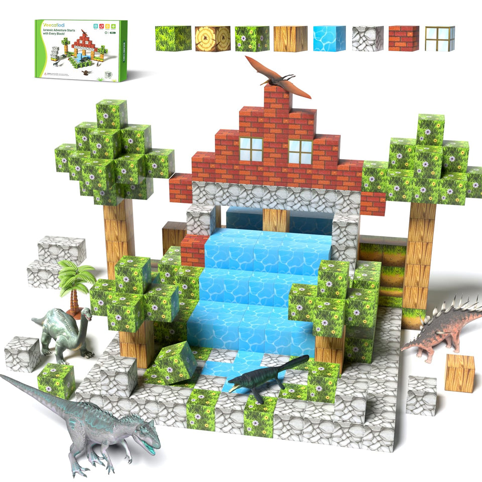Veecafiodi 108-piece dinosaur magnetic blocks for creative play and early STEM skills.