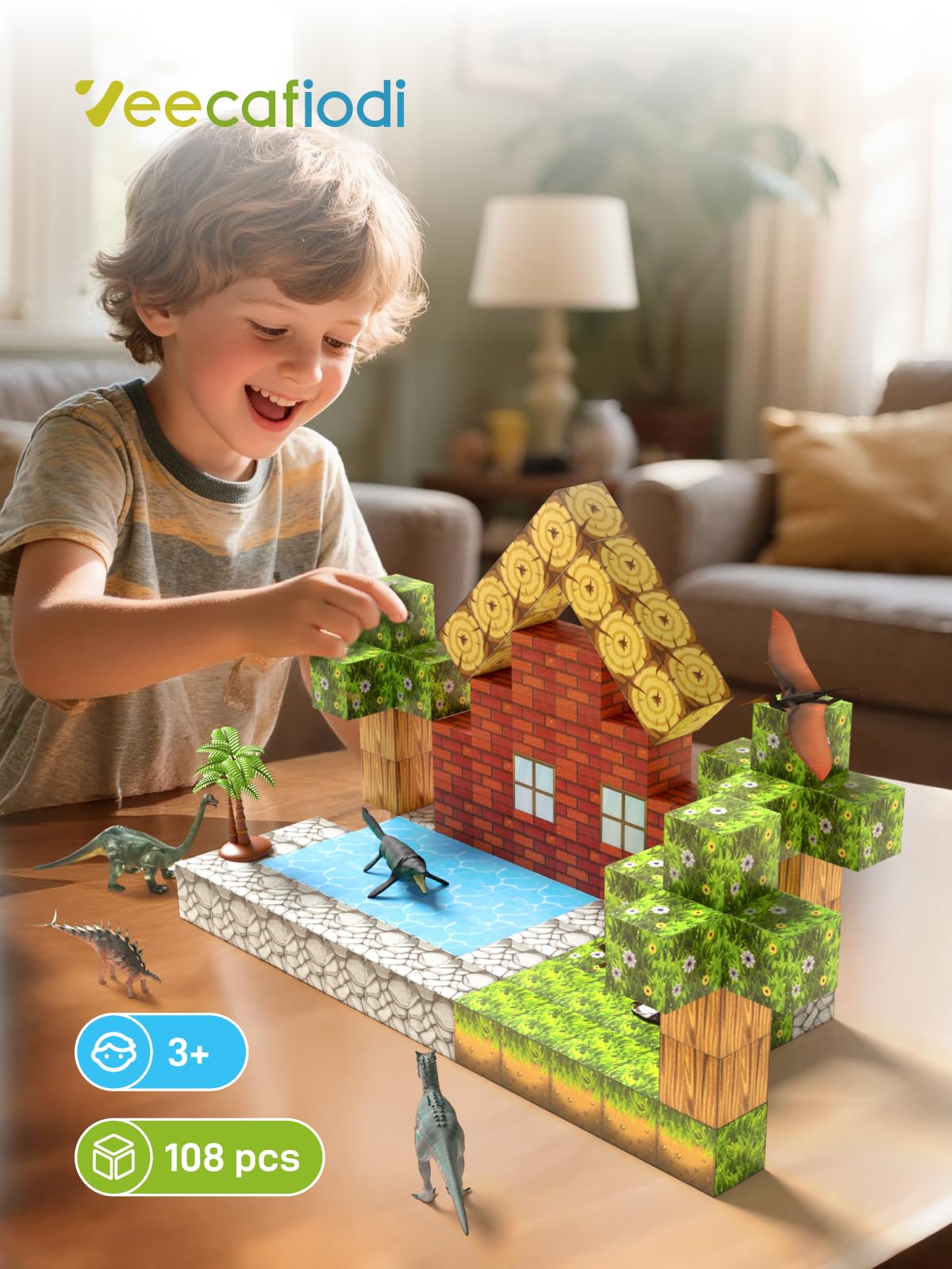 Veecafiodi kids building a dino world, fostering independent play and imagination.