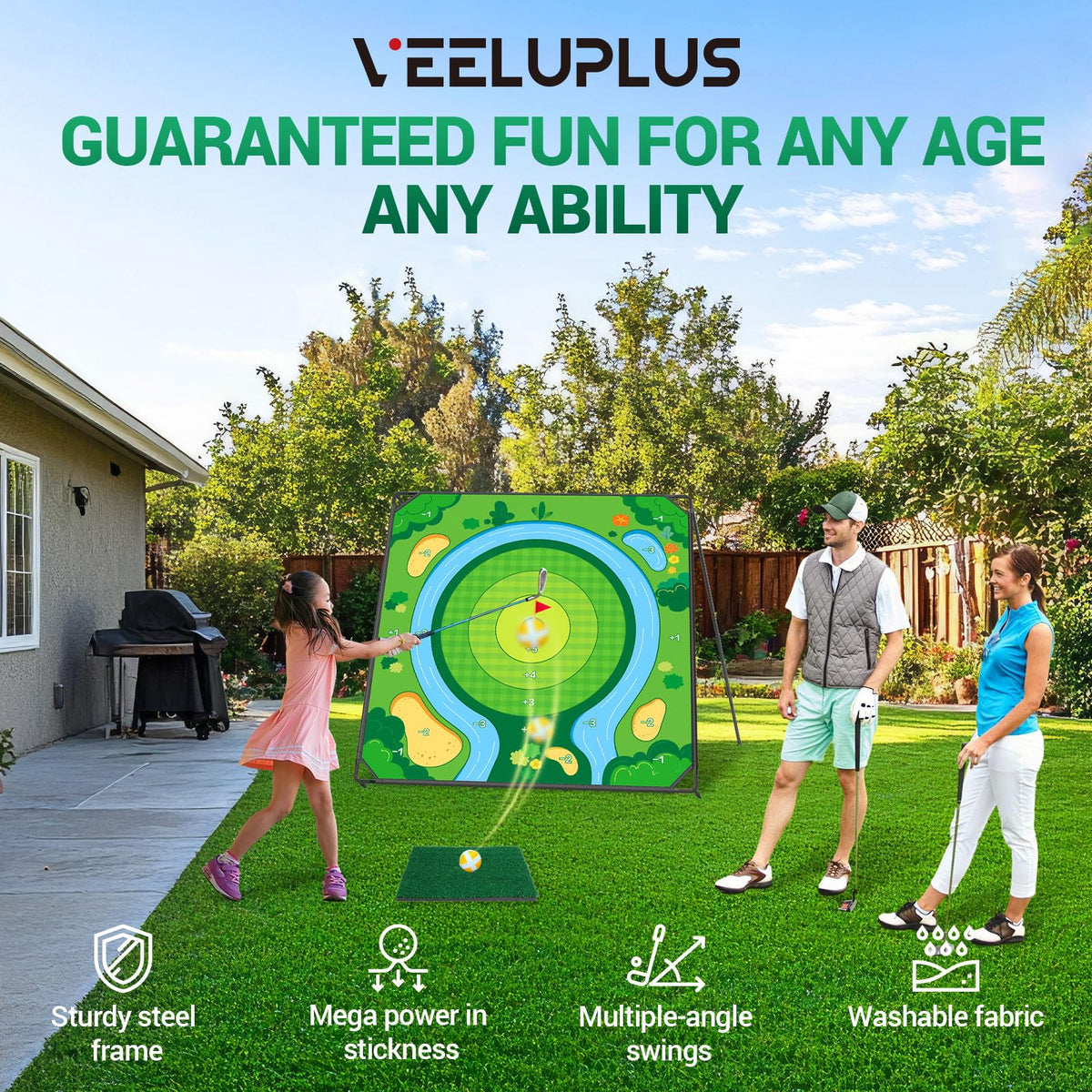 VEELUPLUS Double-Sided Golf Dart Mat supports family friendly play.