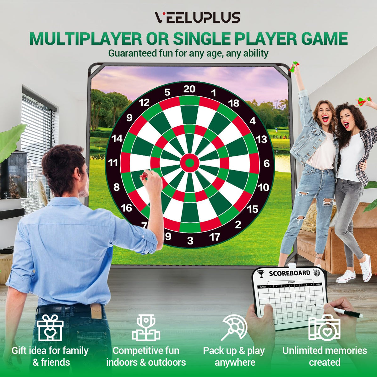 VEELUPLUS Reversible mat switches between golf and darts for versatility.