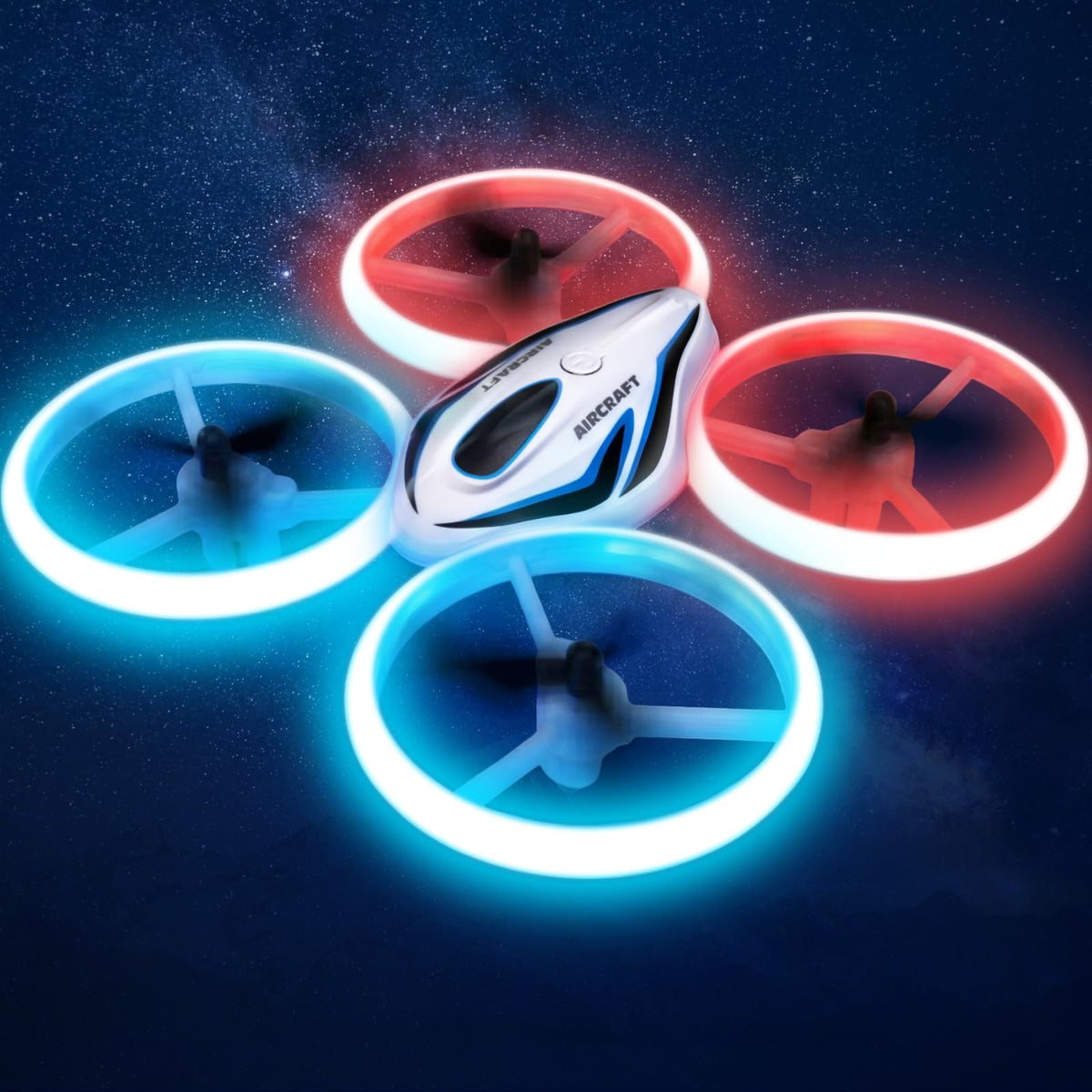 Veeniix drone with blue and red LED lights for night flights and enhanced visibility.