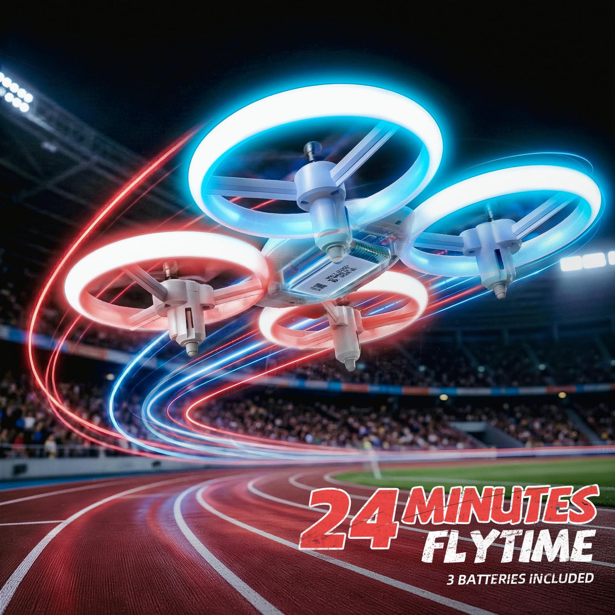 Veeniix drone showing three batteries for extended flight time and quick swapping.
