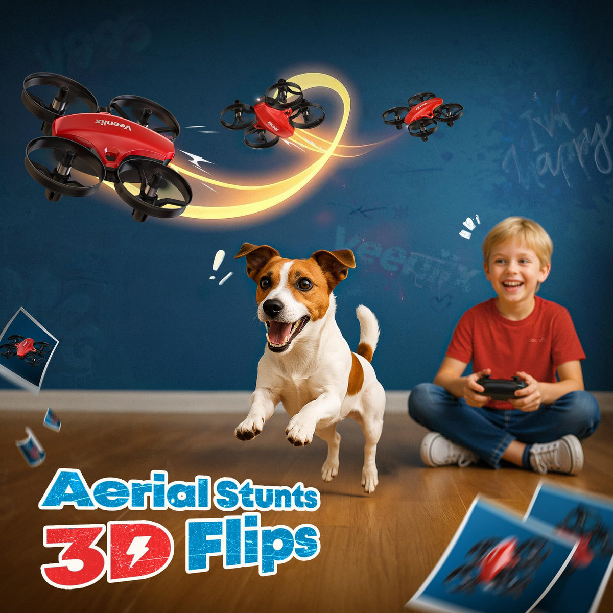 Veeniix V995 Red Mini Drone executing a 360 degree rotation safely indoors