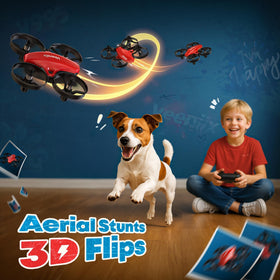 Veeniix V995 Red Mini Drone executing a 360 degree rotation safely indoors