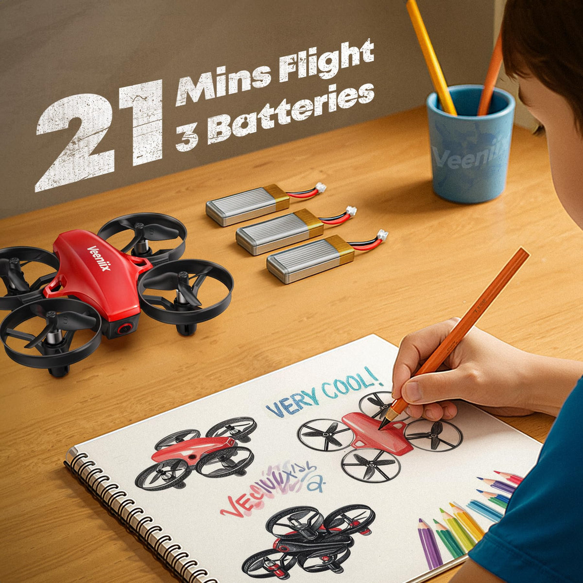 Veeniix V995 Red Mini Drone protective guards for safer indoor flights