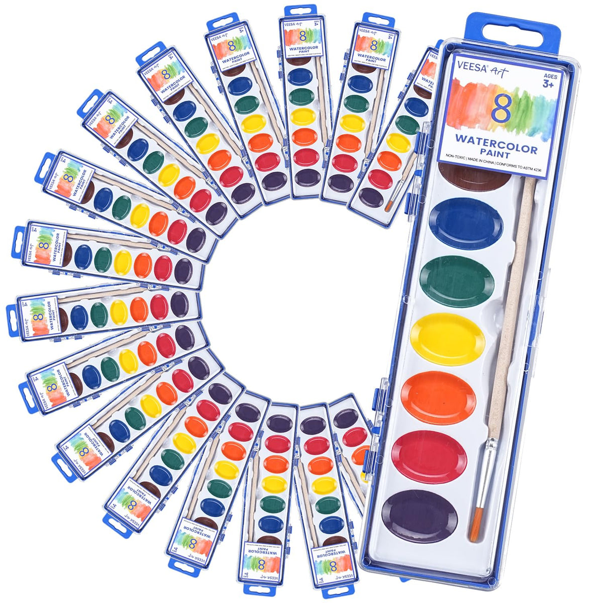 VEESA 8-color watercolor set for kids with wood brushes, ideal for budding artists.