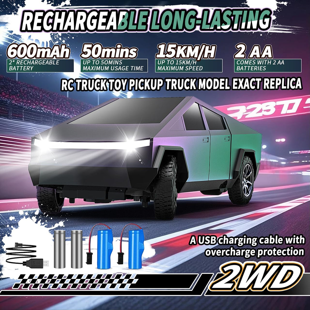 Vefercen off-road tires on a sturdy remote control pickup for varied surfaces.