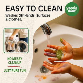 Veggie Baby easy-clean paints wash from skin and fabrics.