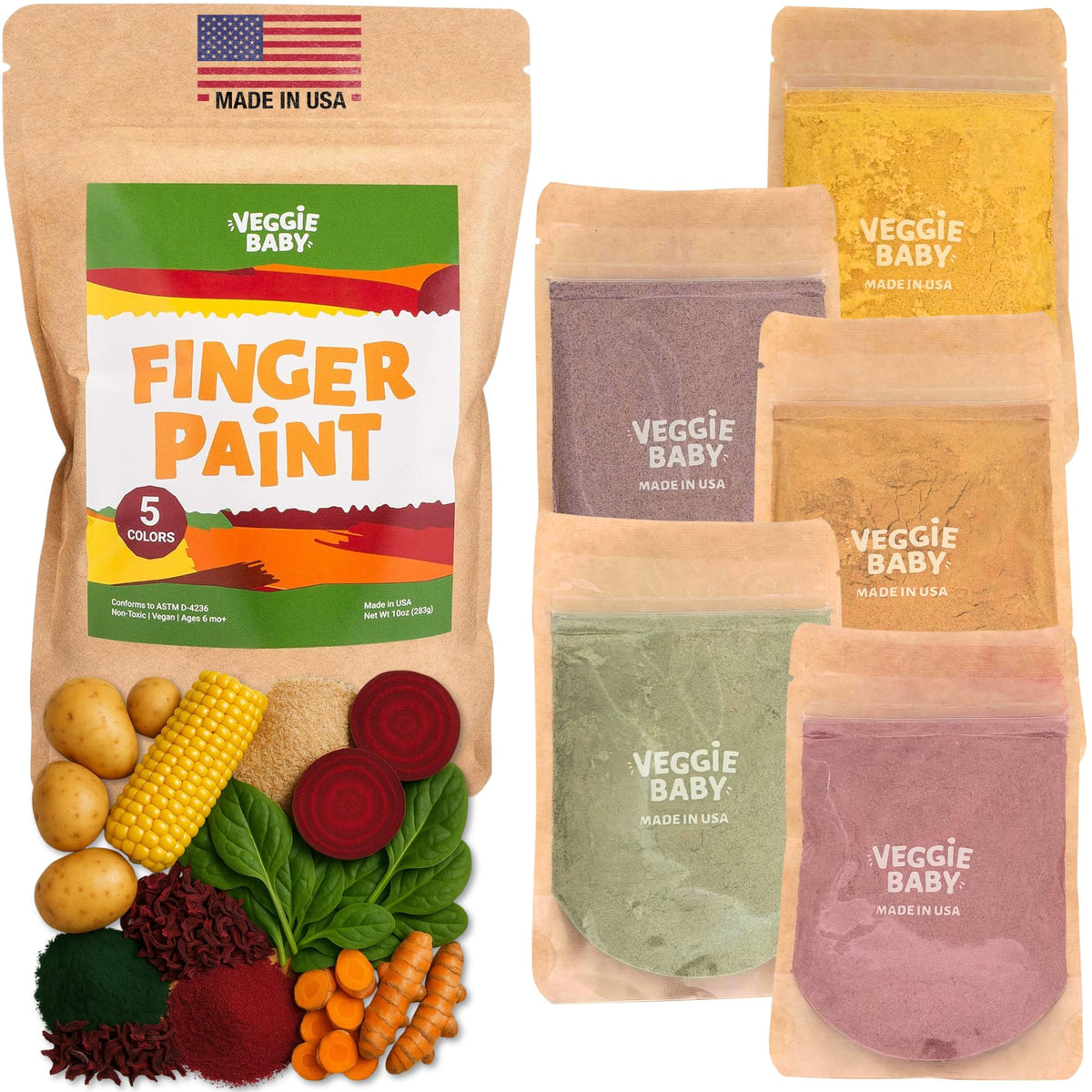 Veggie Baby edible finger paint five-pouch pack with baby-safe colors.
