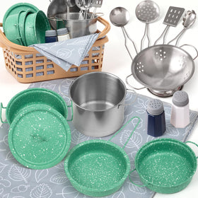 Veitch fairytales New Green kids play kitchen set with colorful pots for imaginative play.