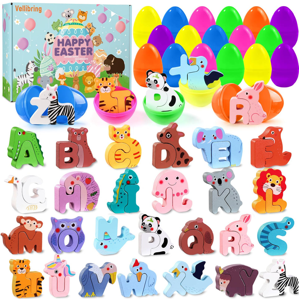 Vellibring 26-pack eggs with animal alphabet puzzles for letter learning during egg hunts