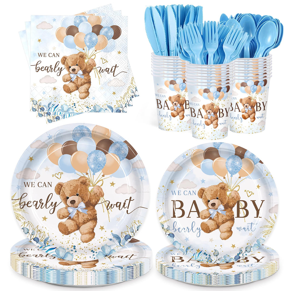 Vellumvibe bear plates brighten a baby shower table with a cohesive blue theme
