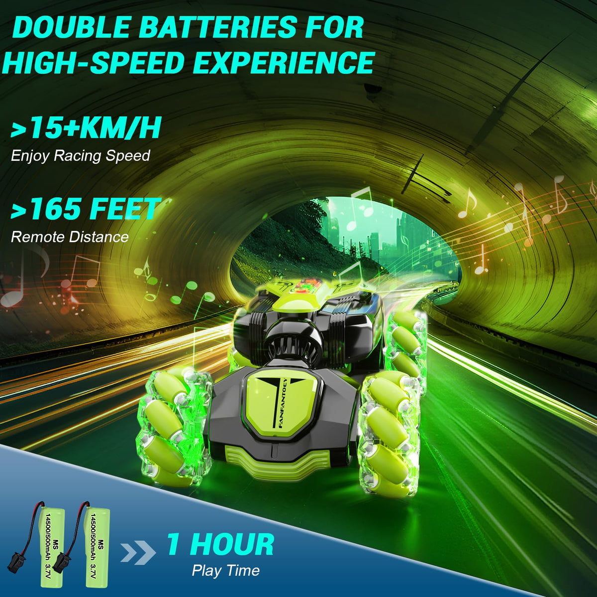 Vemander stunt car lights, spray effects, and dynamic action